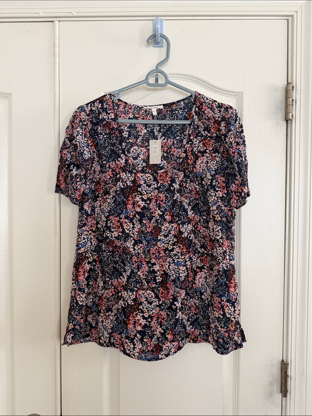 Maurices Navy Floral Short-Sleeve Blouse with Pink Accents